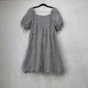 Polagram Dress Womens Medium Mesh Puff Sleeve Embroidered Floral Lined Nylon
